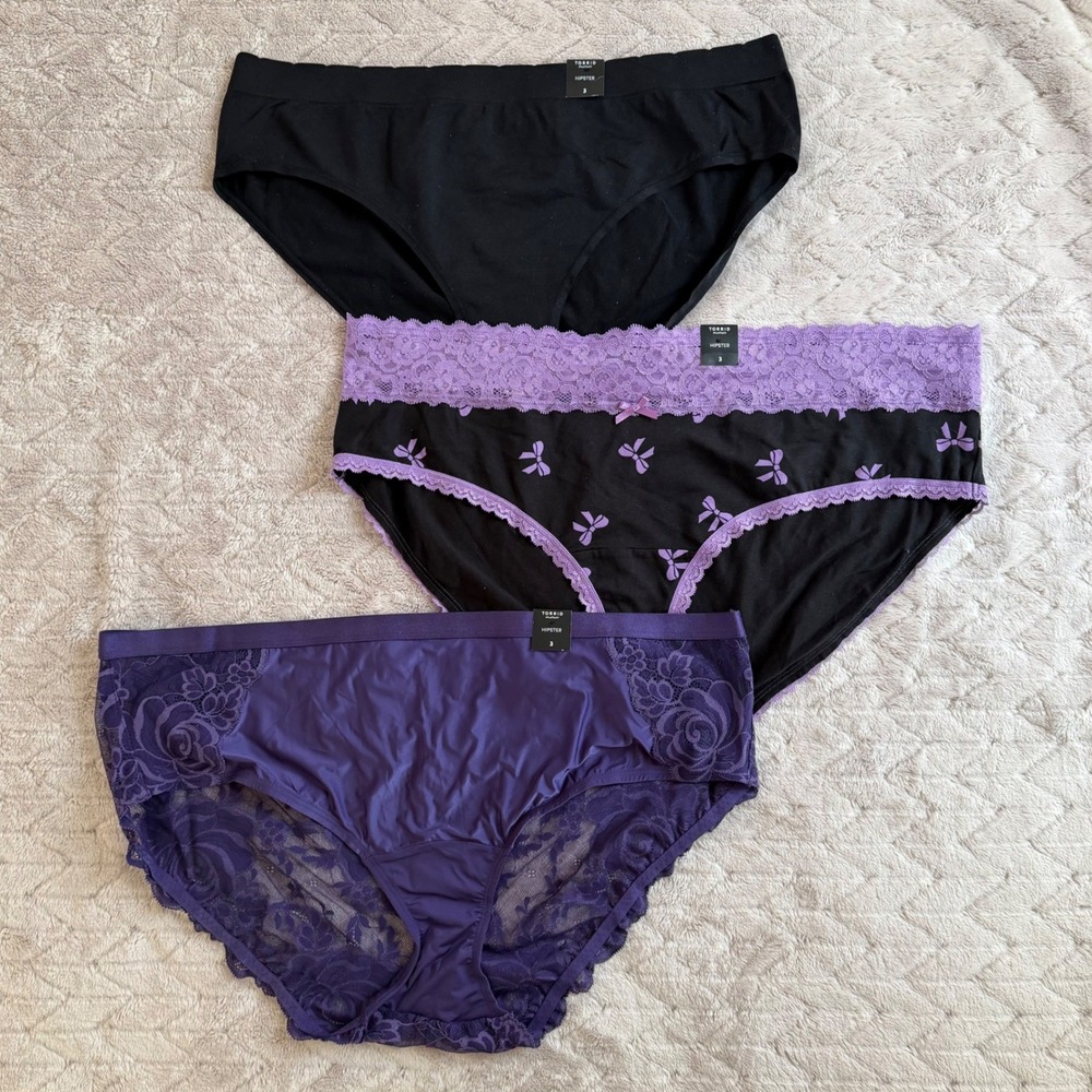 Torrid Hipster Panty Bundle 3 Pack Size 3 Black Purple Lace Bow Print Plus Size